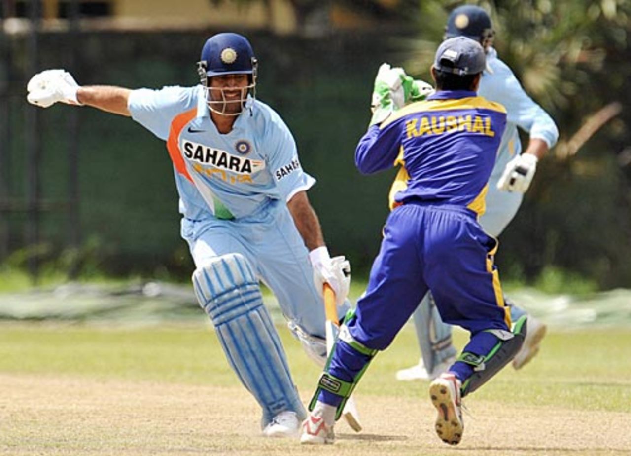 Mahendra Singh Dhoni nearly collides with Kaushal Silva, Sri Lankan XI vs Indians, PSS, Colombo, August 15, 2008