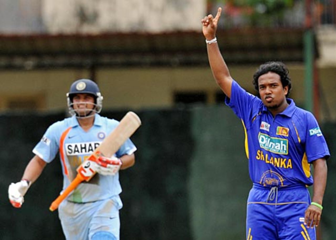Malinga Bandara celebrates Suresh Raina's dismissal, Sri Lankan XI vs Indians, PSS, Colombo, August 15, 2008