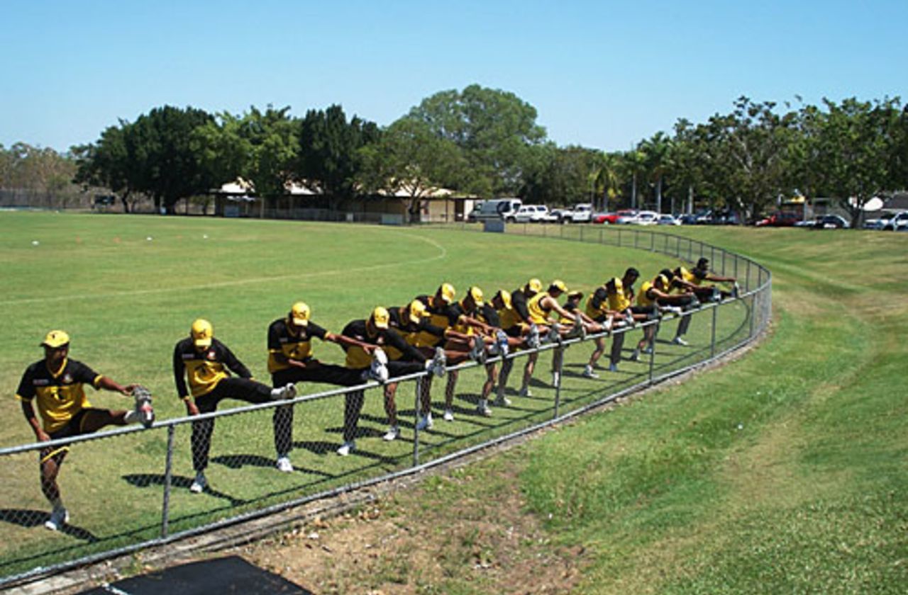 Bangladesh players stretch during practice at the Marrara Oval, Darwin, August 16, 2008