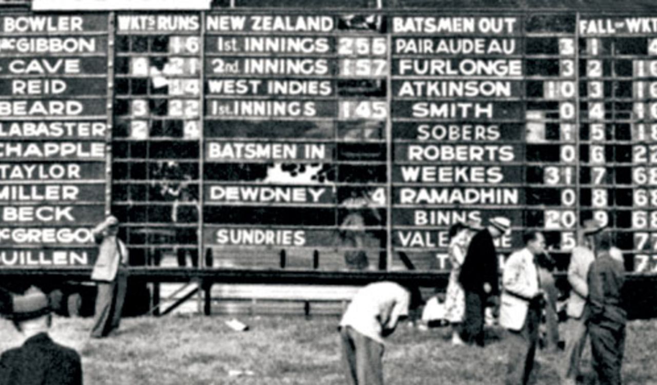 The scoreboard after New Zealand's first-ever Test win, New Zealand v West Indies, 4th Test, Auckland, March 13, 1956