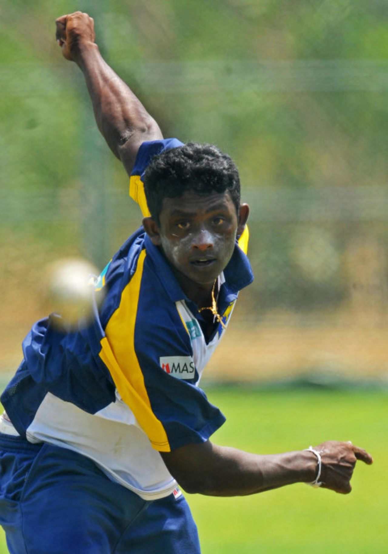 Ajantha Mendis sends in a delivery, Dambulla, August 17, 2008 