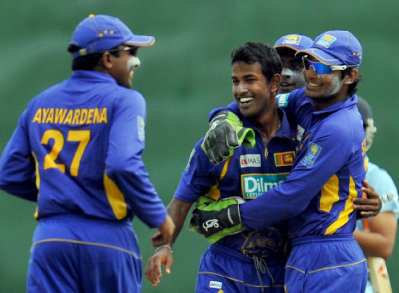 Nuwan Kulasekara is mobbed after removing Virat Kohli, Sri Lanka v India, 1st ODI, Dambulla, August 18, 2008 