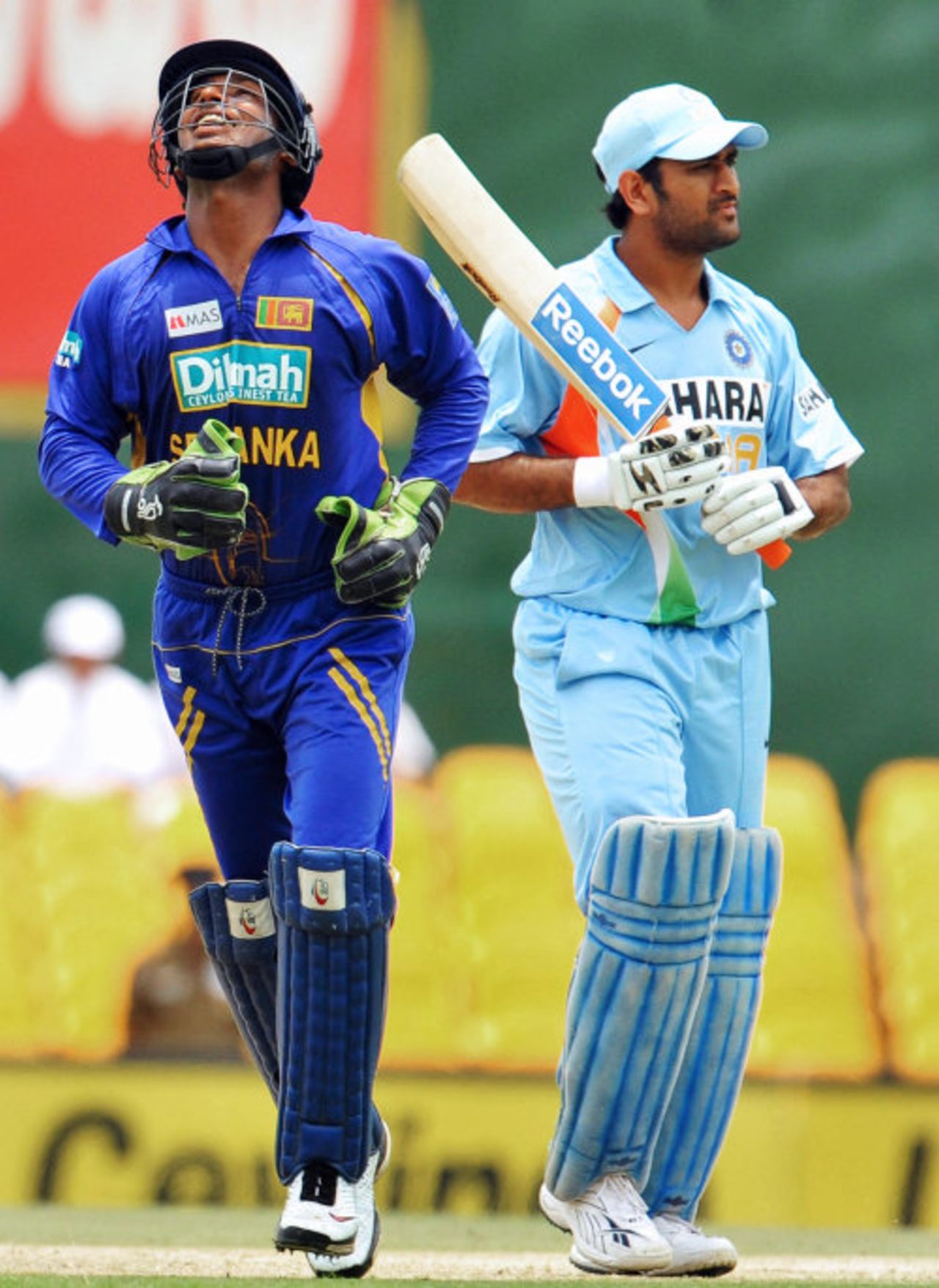 Kumar Sangakkara is delighted at Mahendra Singh Dhoni's dismissal, Sri Lanka v India, 1st ODI, Dambulla, August 18, 2008 