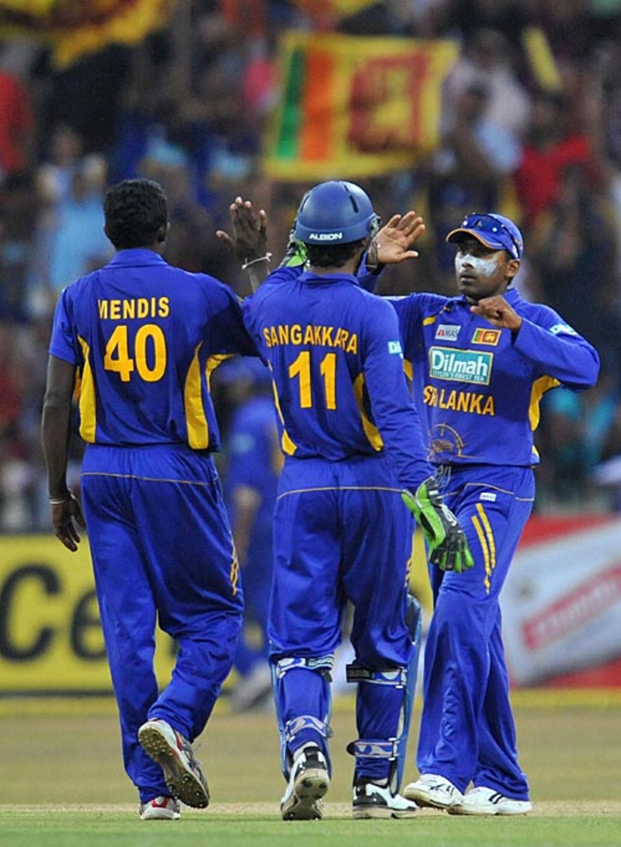 Mahela Jayawardene congratulates Ajantha Mendis on picking up Mahendra  Singh Dhoni's wicket, Sri Lanka v India, 3rd ODI, Premadasa Stadium, Colombo, August 24, 2008