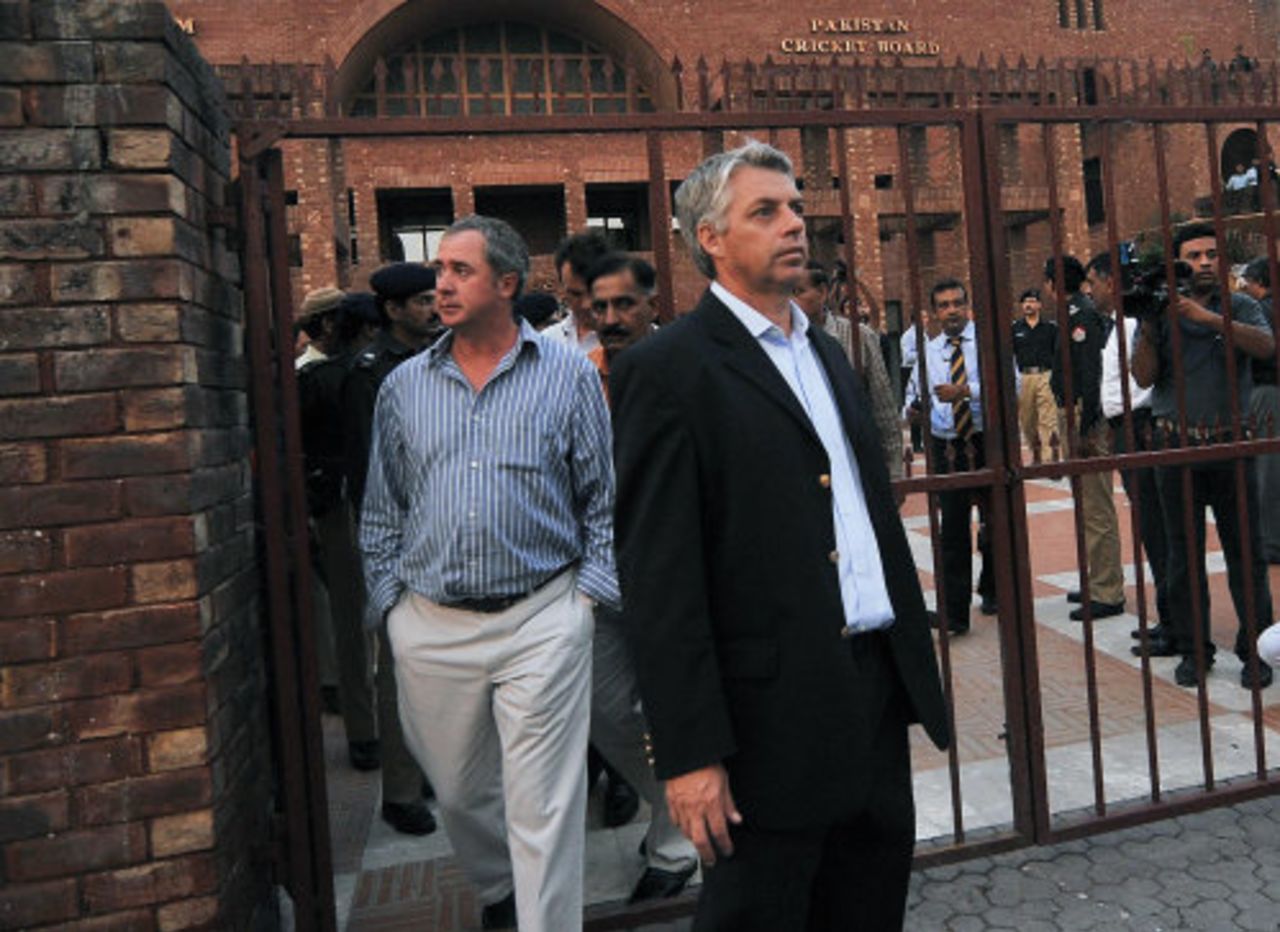 Tim May and Dave Richardson, members of the ICC task force, leave the PCB headquarters, Lahore, August 11, 2008