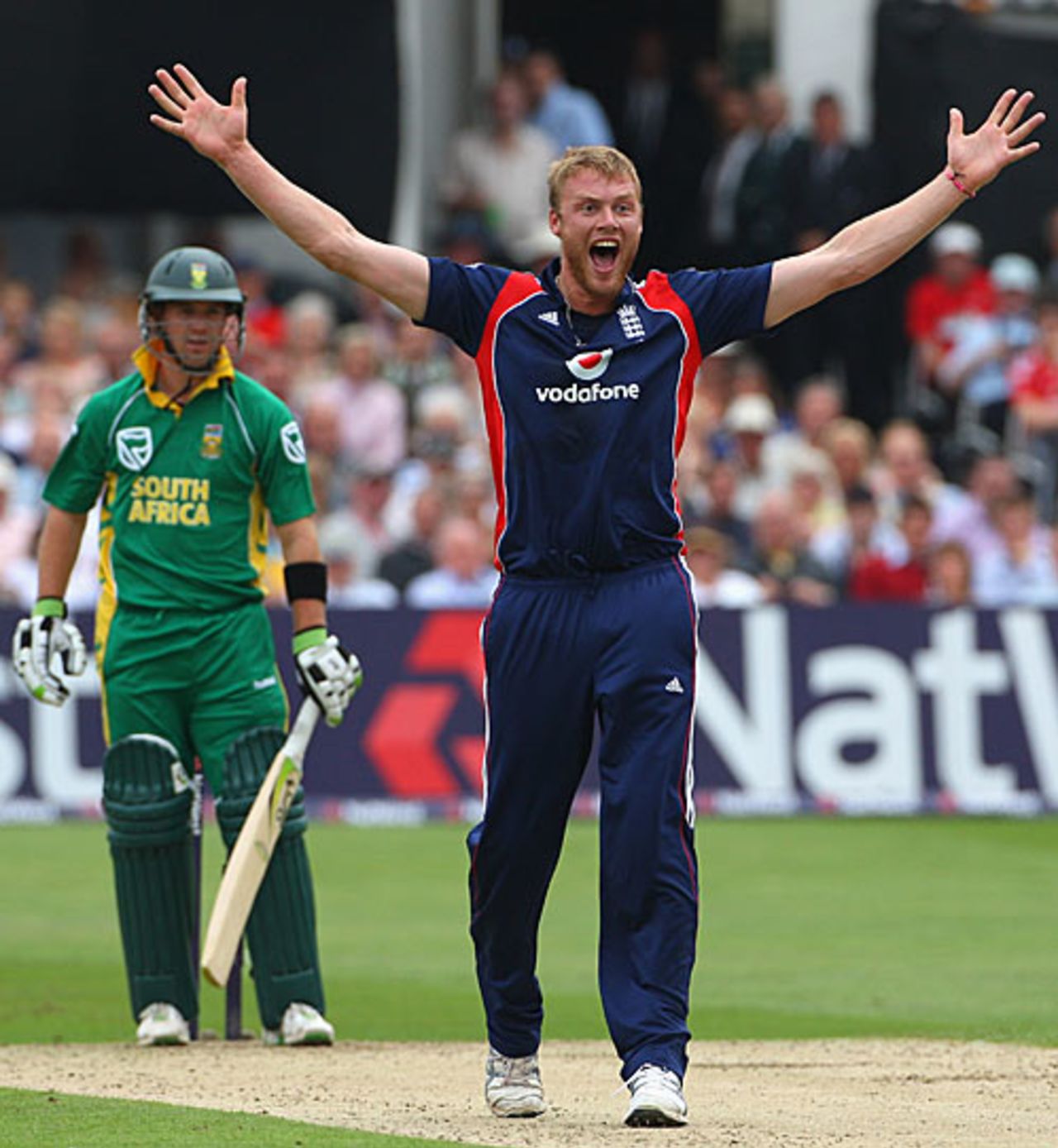 Andrew Flintoff celebrates the wicket of AB de Villiers, England v South Africa, 2nd ODI, Trent Bridge, August 26, 2008