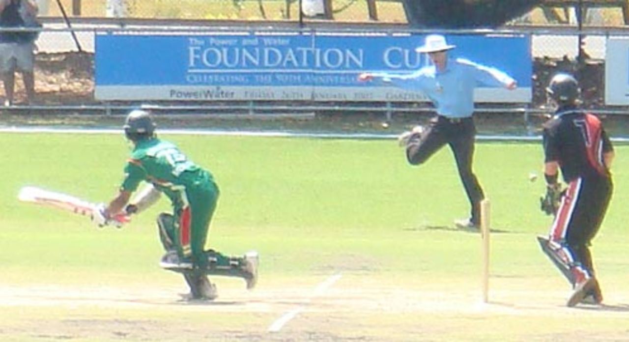 Mehrab Hossain jnr gets the square-leg umpire hopping, Northern Territory Chief Minister's XI v Bangladeshis, Darwin, August 27, 2008
 