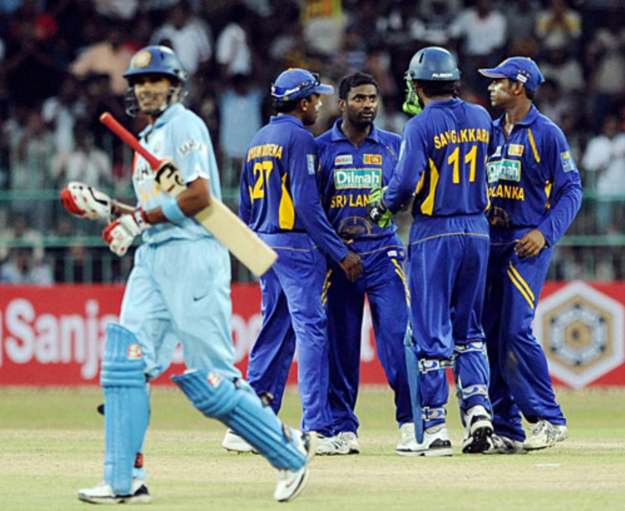 S Badrinath was caught for six off Muttiah Muralitharan, Sri Lanka v India, 4th ODI, Colombo, August 27, 2008
