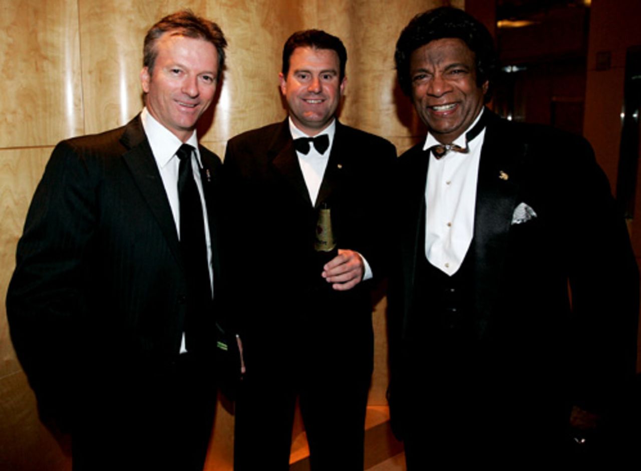 Steve Waugh, Mark Taylor and singer Kamal at the Don's 100th birthday celebrations, Sydney, August 27, 2008