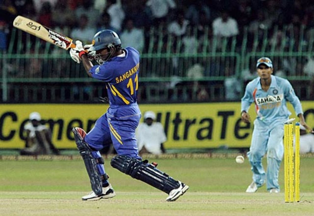 Kumar Sangakkara plays on to a Munaf Patel delivery, Sri Lanka v India, 4th ODI, Colombo, August 27, 2008