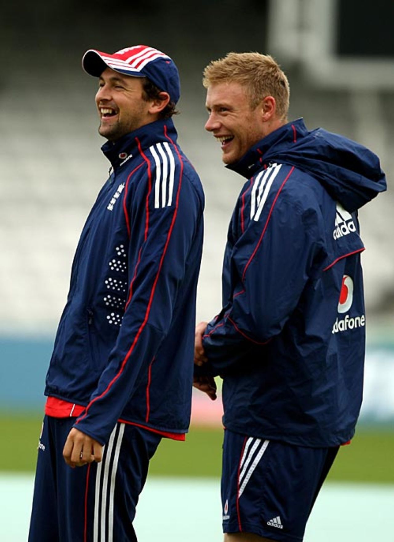 Steve Harmison and Andrew Flintoff share a joke ahead of the third ODI against South Africa, The Oval, August 28, 2008