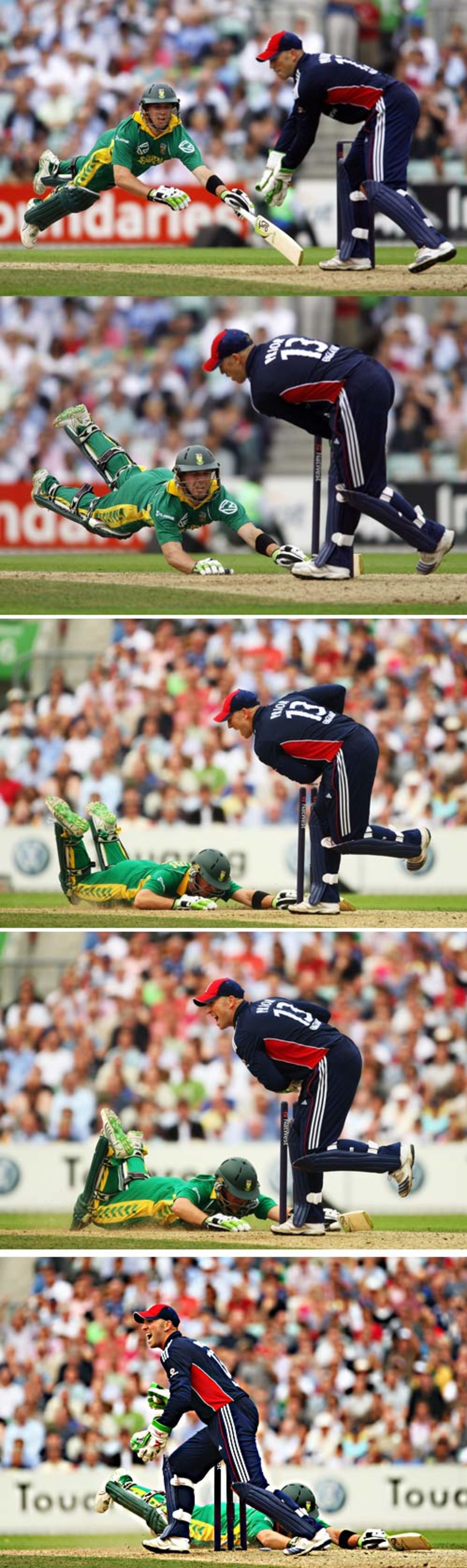 A composite of Matt Prior whipping off the bails to run out AB de Villiers, England v South Africa, 3rd ODI, The Oval, August 29, 2008
