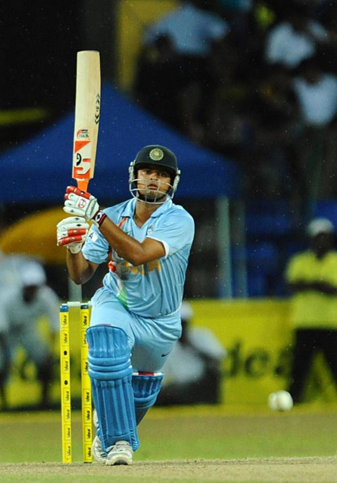 Suresh Raina hits one straight past the bowler, Sri Lanka v India, 5th ODI, Colombo, August 29, 2008 
