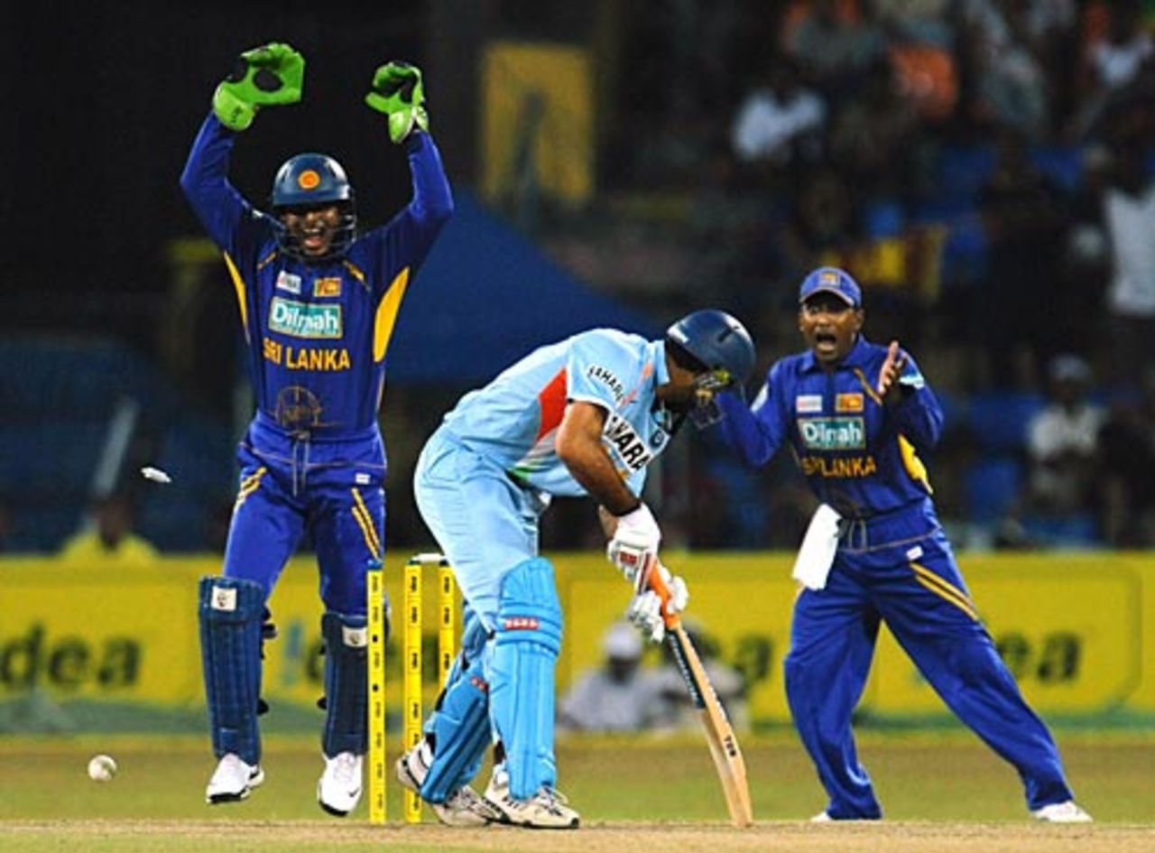 Yuvraj Singh plays on to a Ajantha Mendis delivery, Sri Lanka v India, 5th ODI, Colombo, August 29, 2008 
