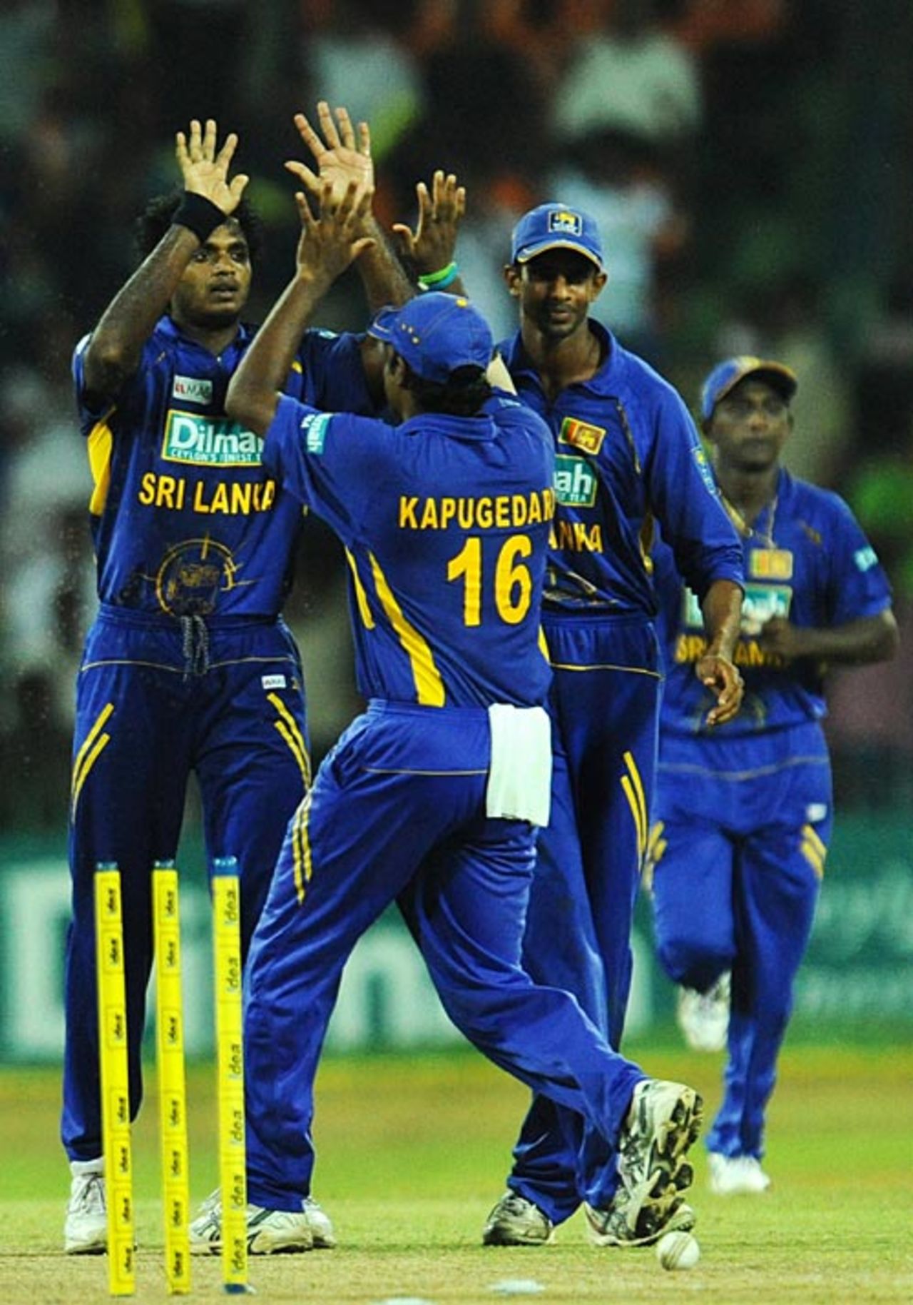 Team-mates congratulate Dilhara Fernando on picking up another wicket, Sri Lanka v India, 5th ODI, Colombo, August 29, 2008 
