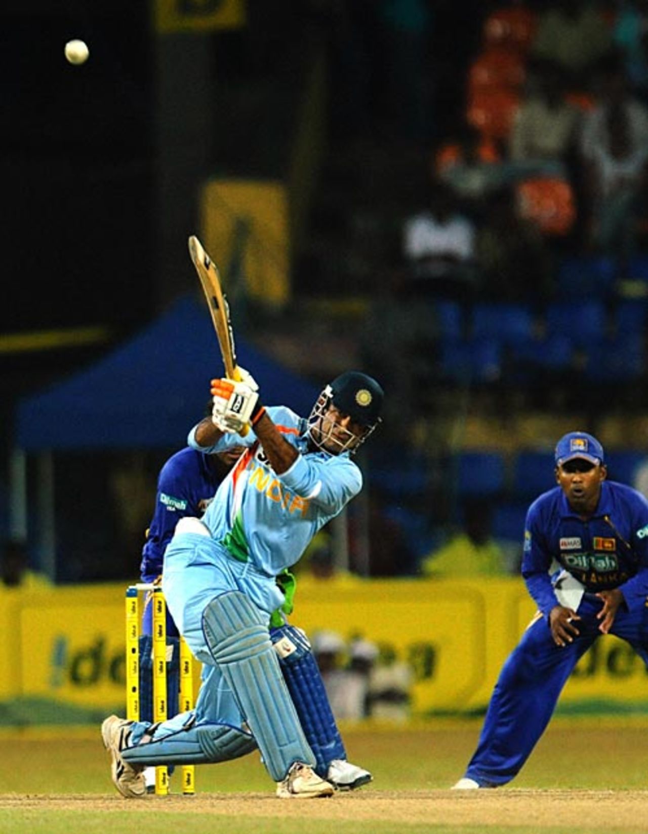 Irfan Pathan hits out, Sri Lanka v India, 5th ODI, Colombo, August 29, 2008 
