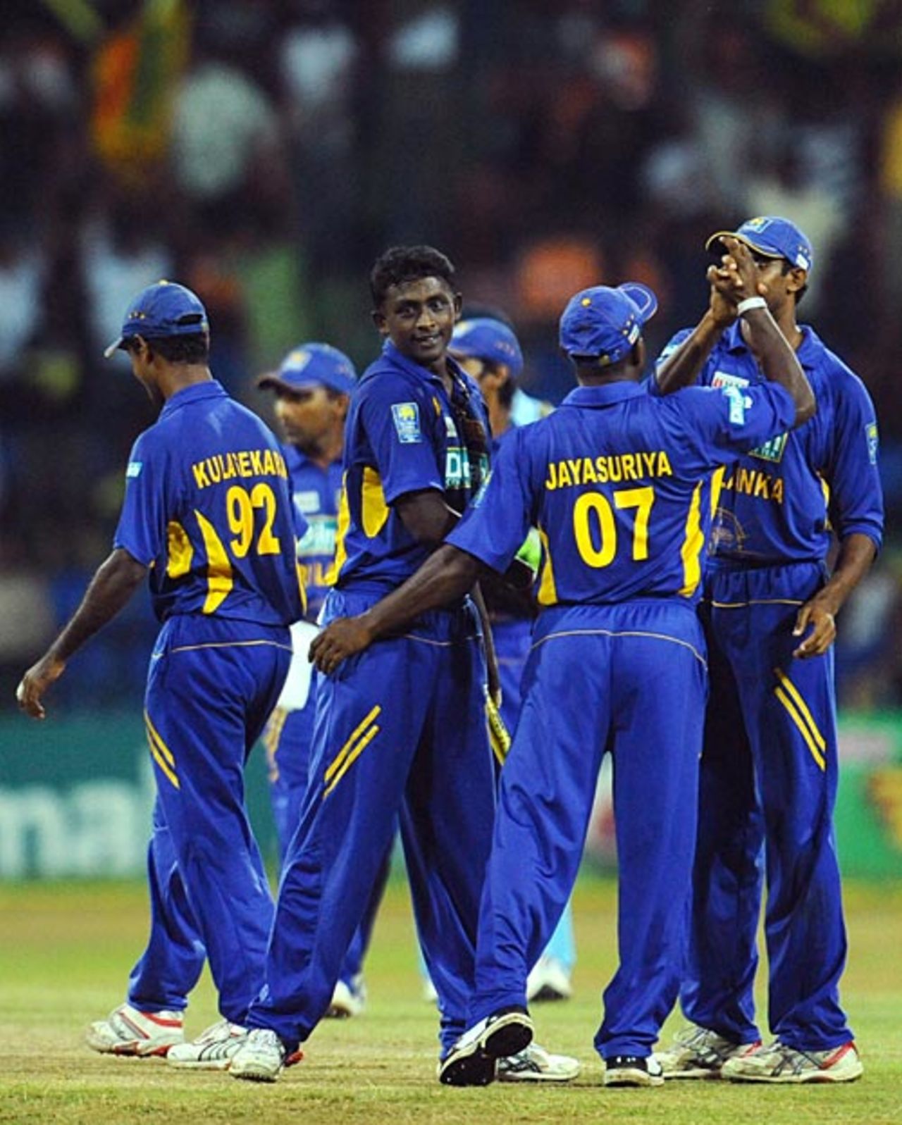 Ajantha Mendis is all smiles after taking Pragyan Ojha's wicket, Sri Lanka v India, 5th ODI, Colombo, August 29, 2008 
