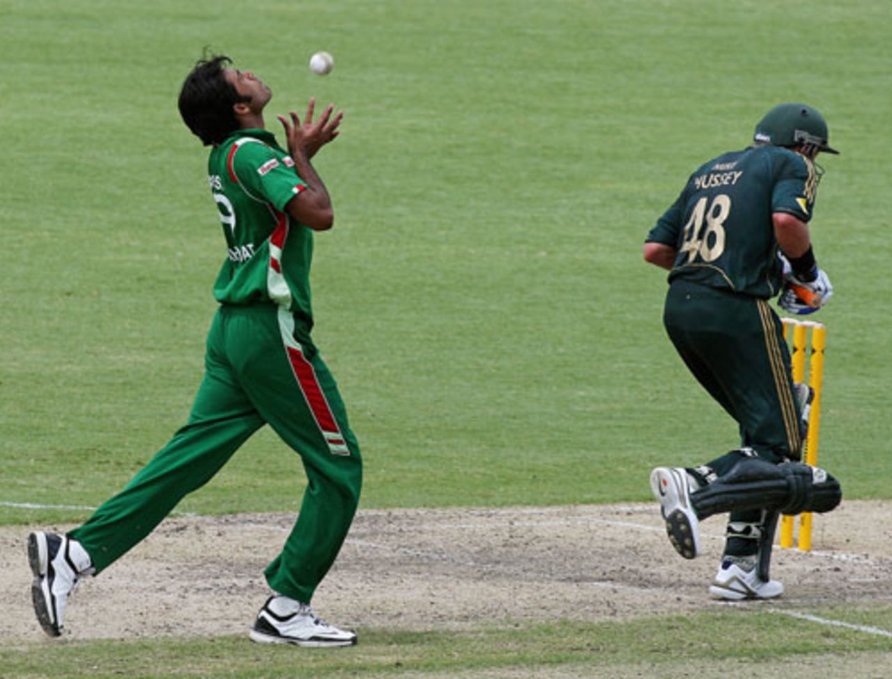 Shahadat Hossain accepts the caught-and-bowled of Mitchell Johnson, one of three wickets he took in the final over, Australia v Bangladesh, 1st ODI, Darwin, August 30, 2008
