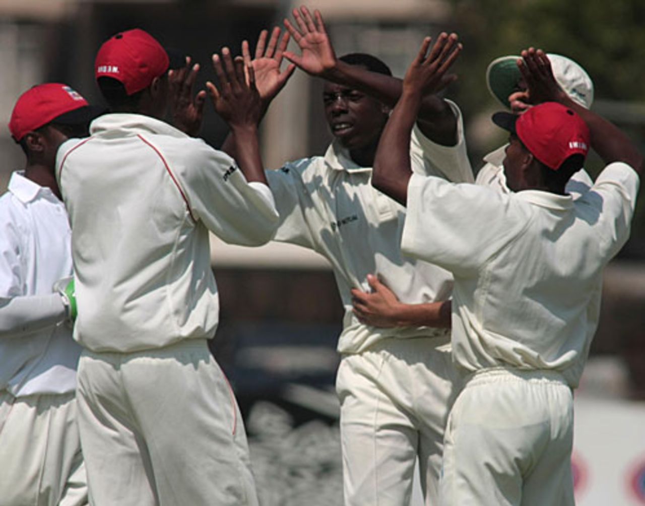 Trevor Garwe is congratulated by team-mates on taking a wicket, Zimbabwe Board XI v Pakistan Academy, Harare, 2nd day, August 30, 2008