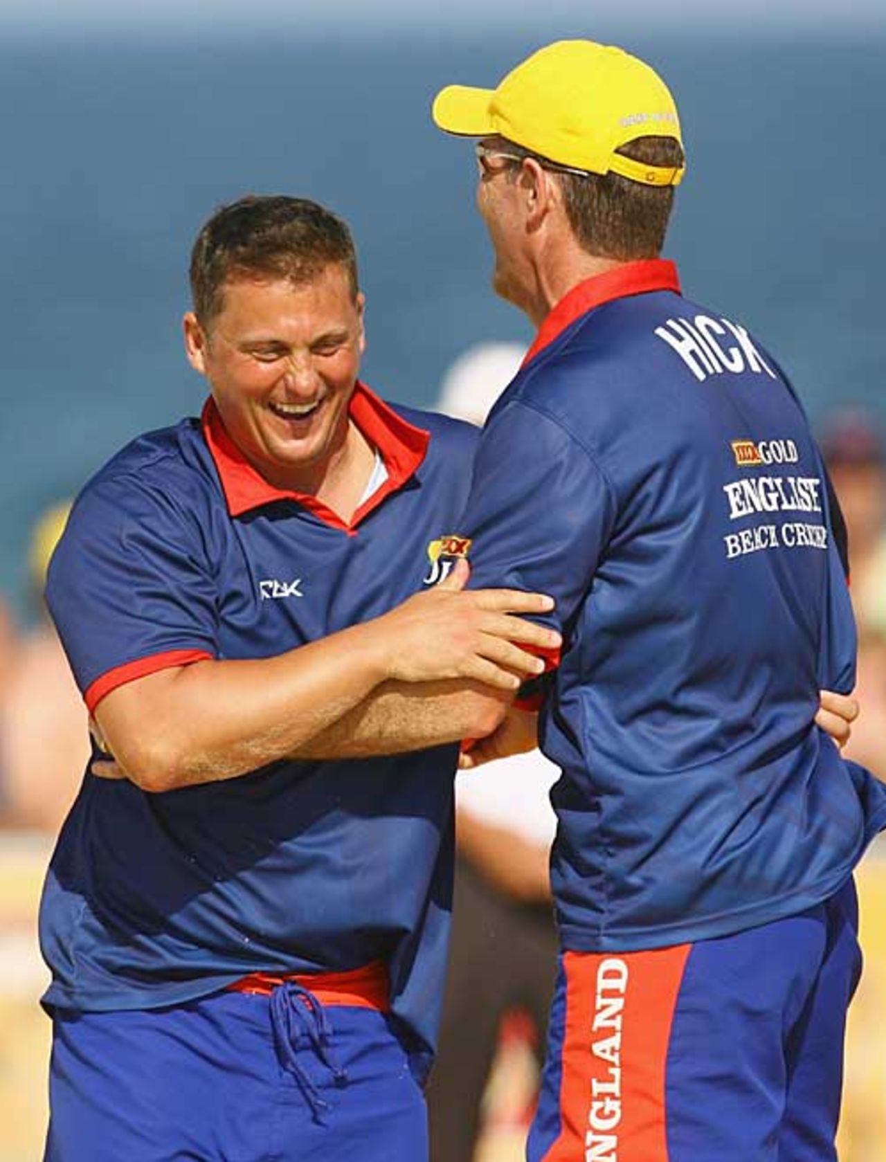 Graeme and Darren Gough celebrate a wicket at beach cricket, Australia v England, final, Beach Cricket Tri-Nation, Melbourne, February 4, 2007