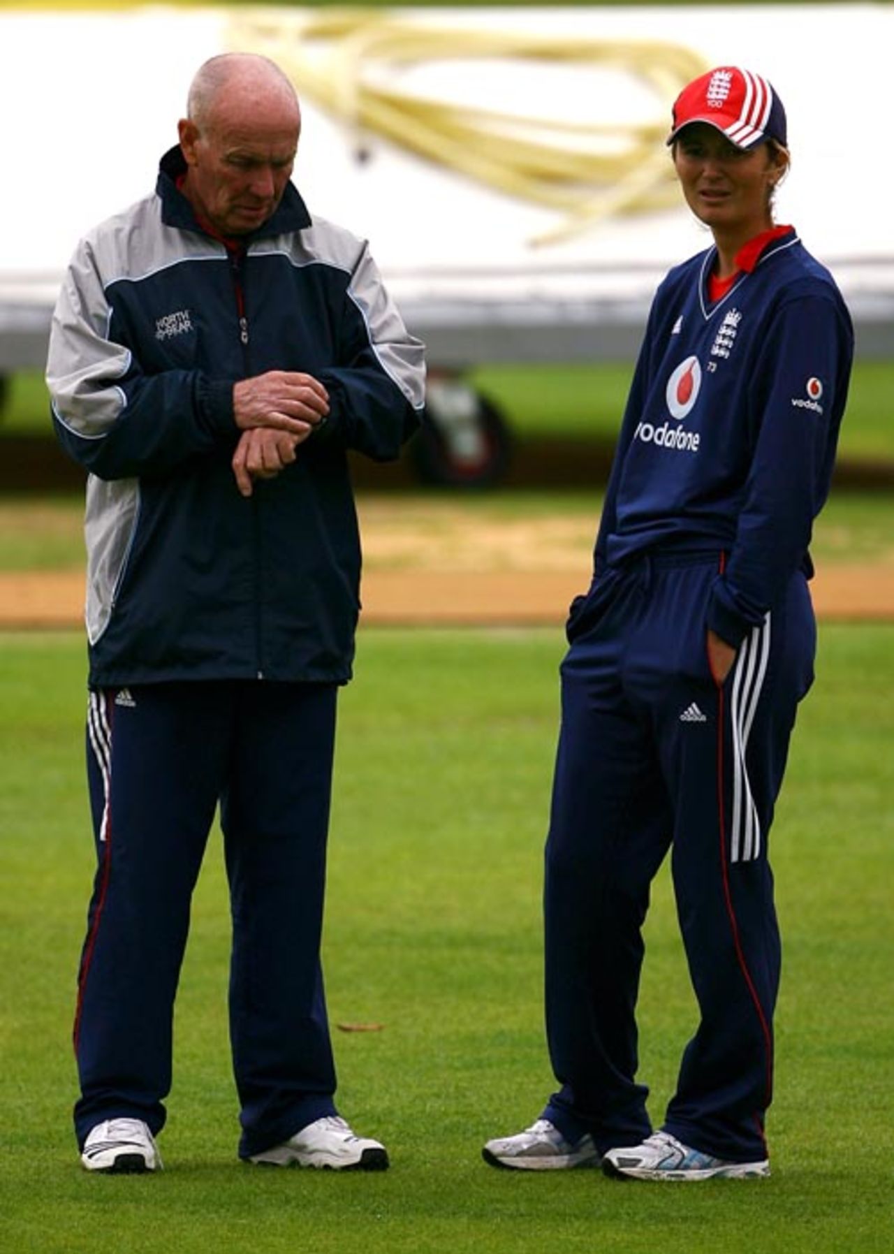Jack Birkenshaw and Charlotte Edwards inspect the conditions, England v India, 4th women's ODI, Arundel, September 7, 2008