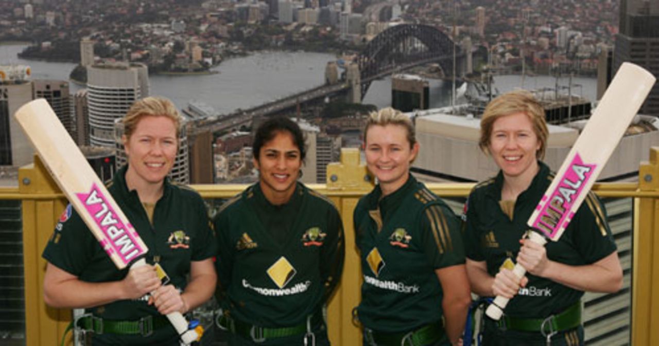 Alex Blackwell, Lisa Sthalekar, Leah Poulton and Kate Blackwell mark the six-month countdown to Australias defence of the World Cup, Sydney, September 6, 2008