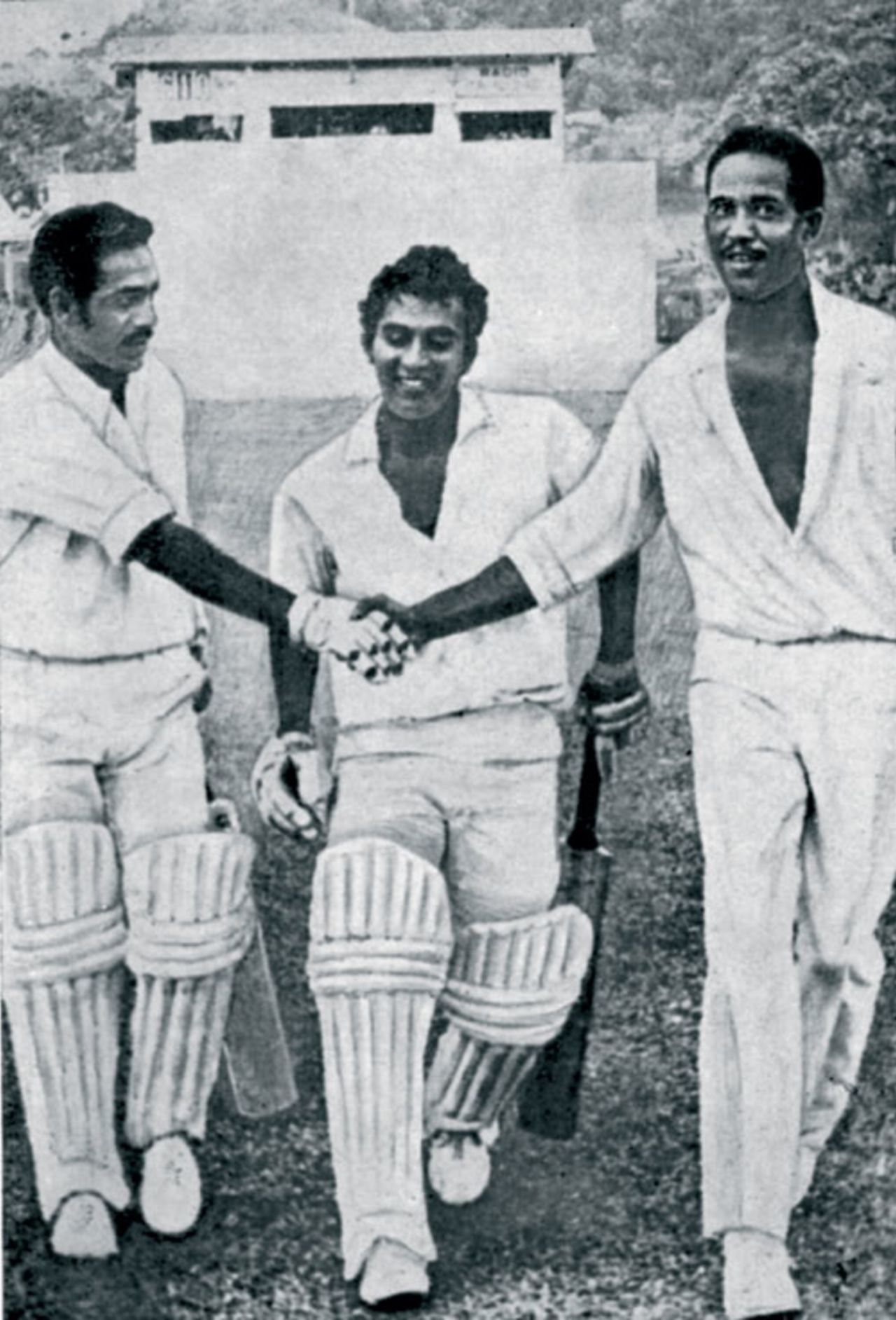 Garry Sobers congratulates Syed Abid Ali and Sunil Gavaskar, West Indies v India, 2nd Test, Port-of-Spain, 1970-71
