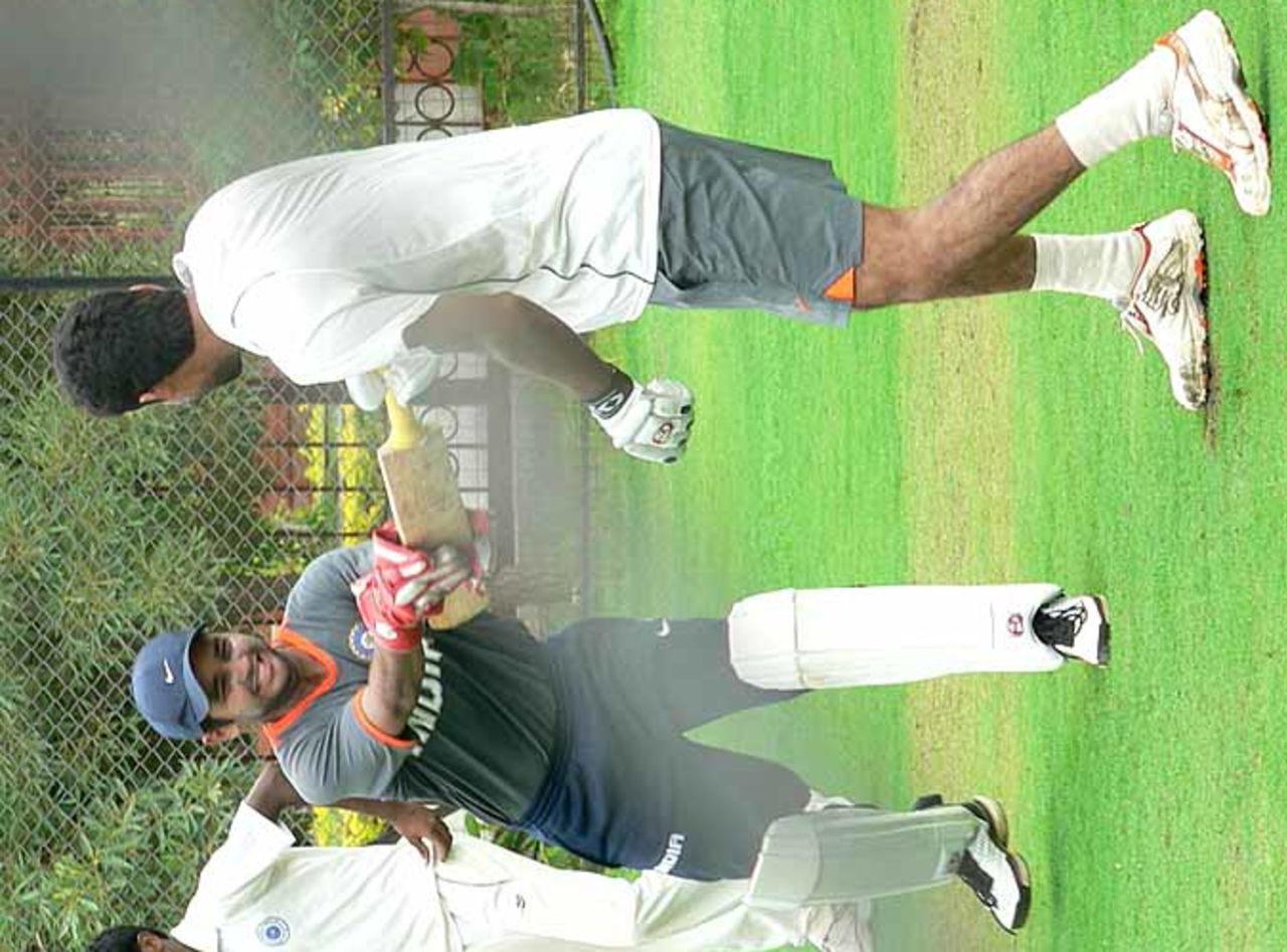 Parthiv Patel and Mohammad Kaif engage have some fun during practice, Hyderabad, September 8, 2008