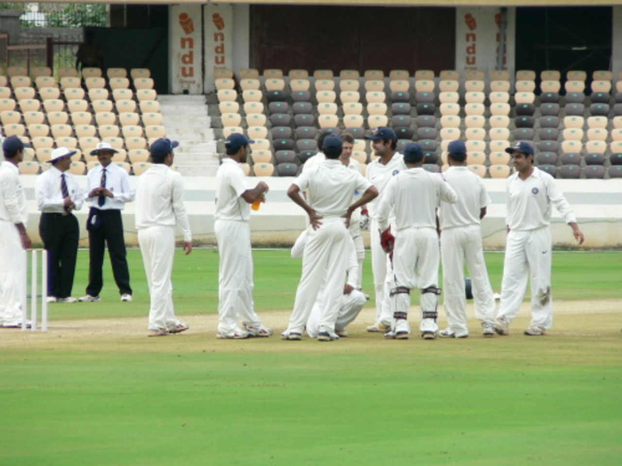 The Indian squad converge after the dismissal of Adam Voges, India A v Australia A, 2nd Test, Hyderabad, 1st day, September 9, 2008