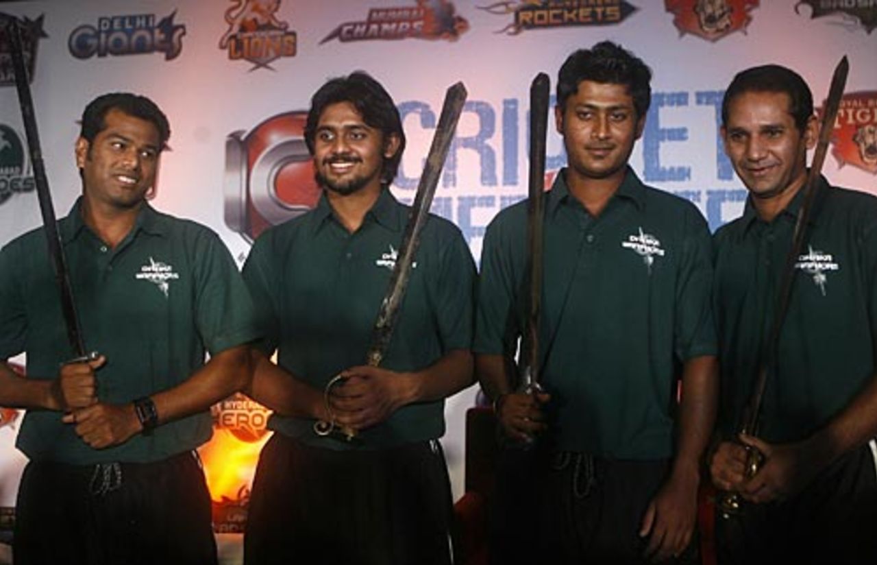Dhaka Warriors team members Alok Kapali, Shahriar Nafees, Dhiman Ghosh, Habibul Bashar pose for the cameras, New Delhi, September 16, 2008