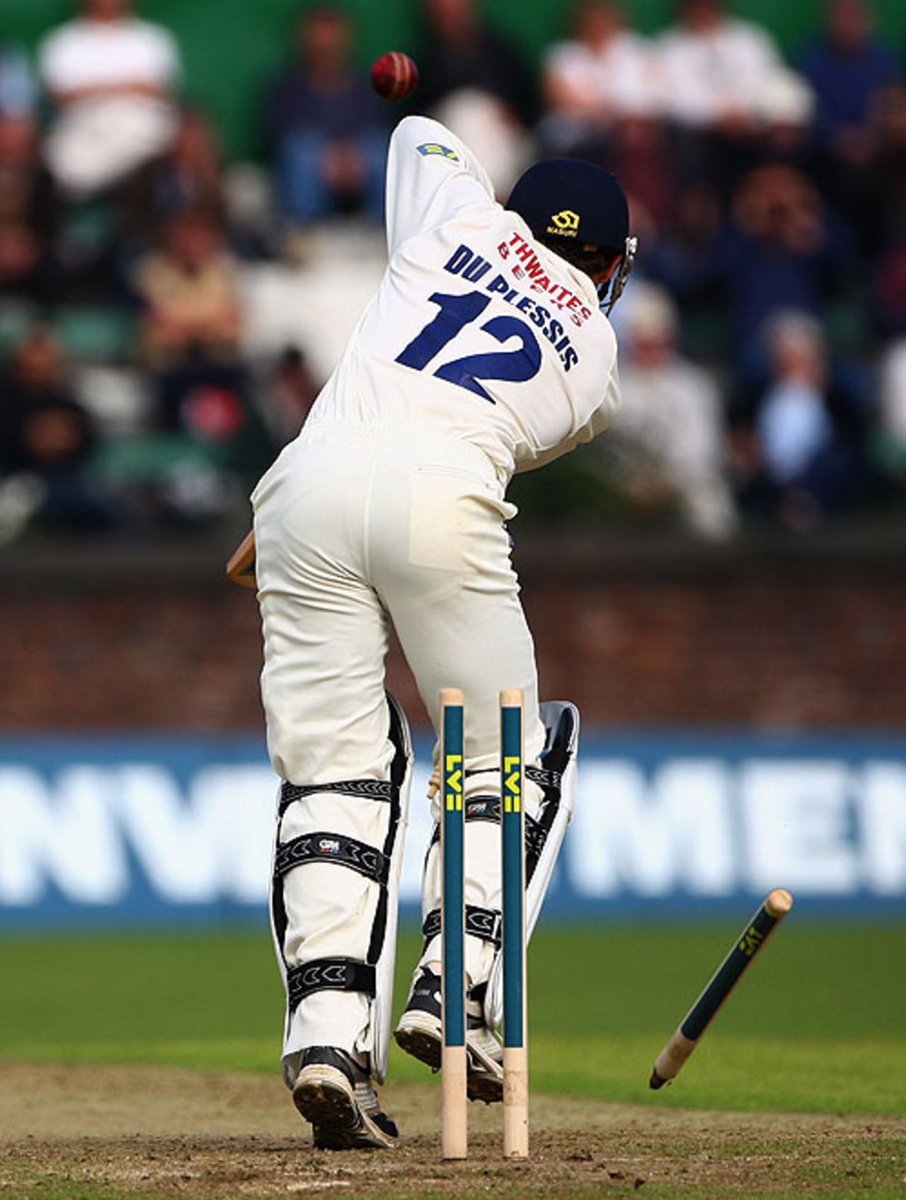 Francois du Plessis loses his off stump as Lancashire are bowled out for 107 by Kent, Liverpool, September 17, 2008