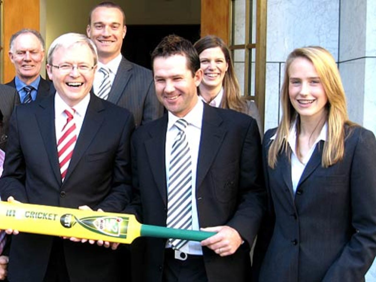 Australia's prime minister Kevin Rudd with Ricky Ponting and Ellyse Perry at Parliament House, where they discussed the new in2Cricket programme, Canberra, September 17, 2008