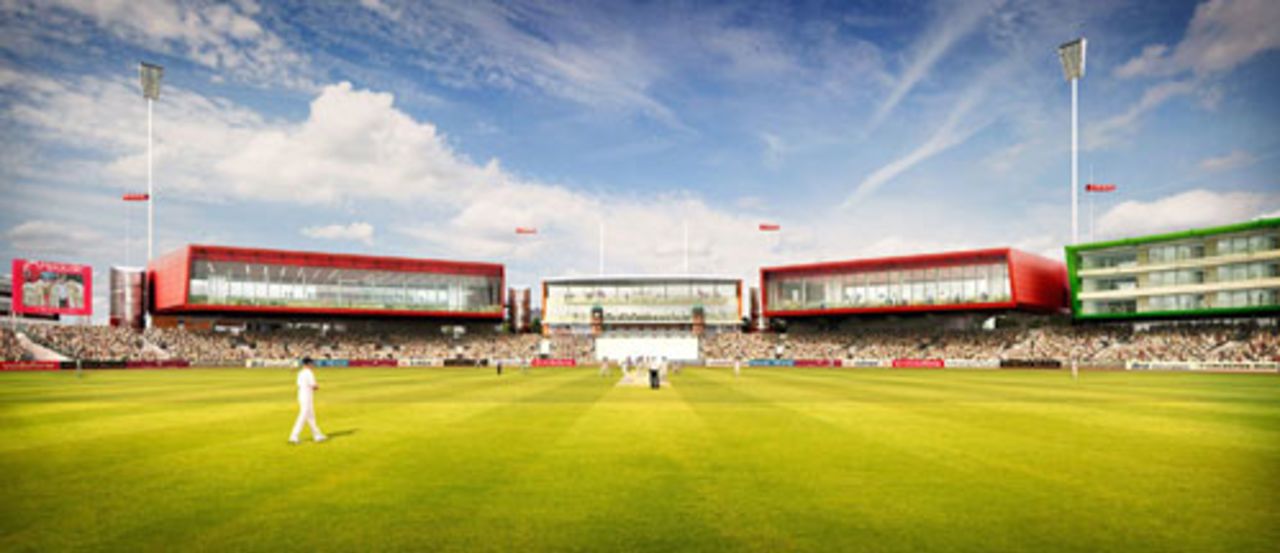 Computer-generated impression of Old Trafford after redevelopment. View of the overall scheme, seen from in front of the new media, press & players facility to the south of the ground, with the reoriented wicket in the foreground and retained pavilion located centrally between the new stands, September 22, 2008