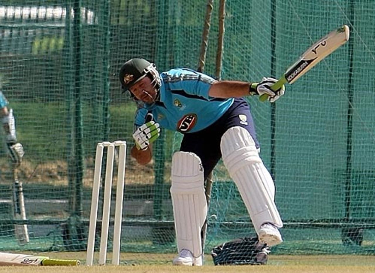 Ricky Ponting ducks under a short-pitched delivery during practice, Jaipur, September 25, 2008