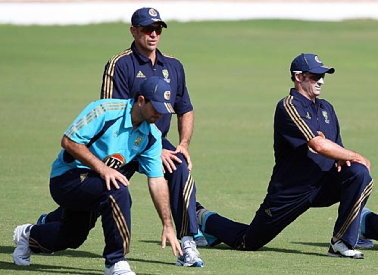 Ricky Ponting, Matthew Hayden and Michael Hussey practise some stretching exercises, Jaipur, September 25, 2008