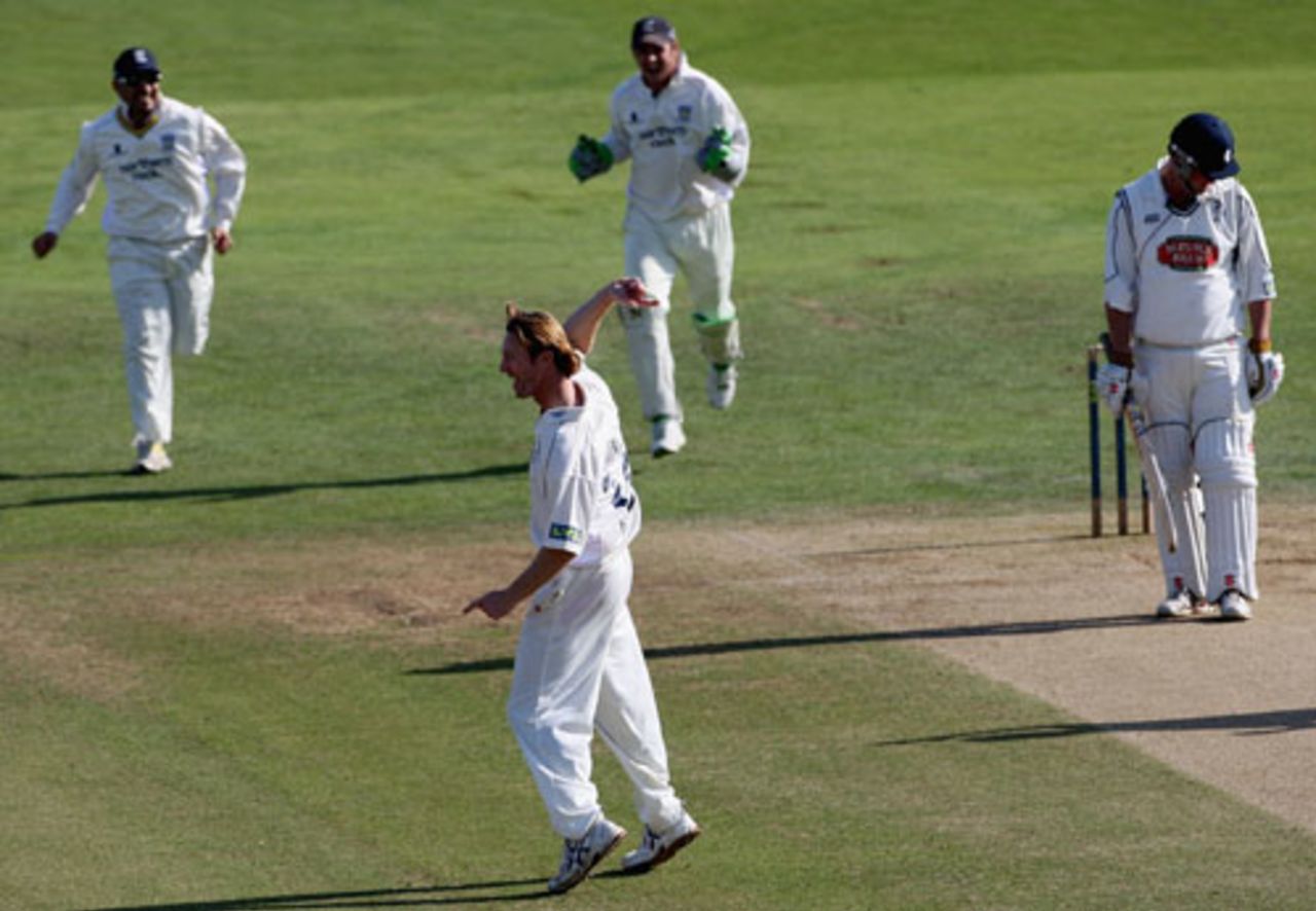 Callum Thorp jumps in delight at dismissing Rob Key to the first ball he faced, caught at mid-off from a leading edge, Kent v Durham, Canterbury, September 26, 2008
