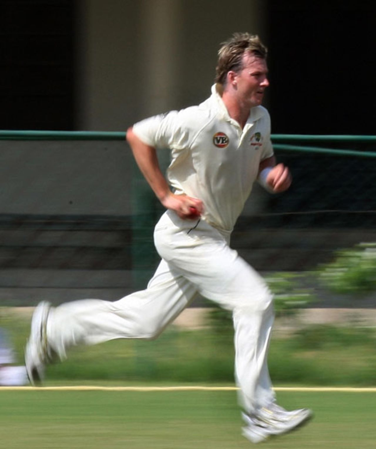 Brett Lee charges in during the warm-up match, Rajasthan Cricket Association Centre of Excellence v Australians, warm-up match, 2nd day, Jaipur, September 28, 2008