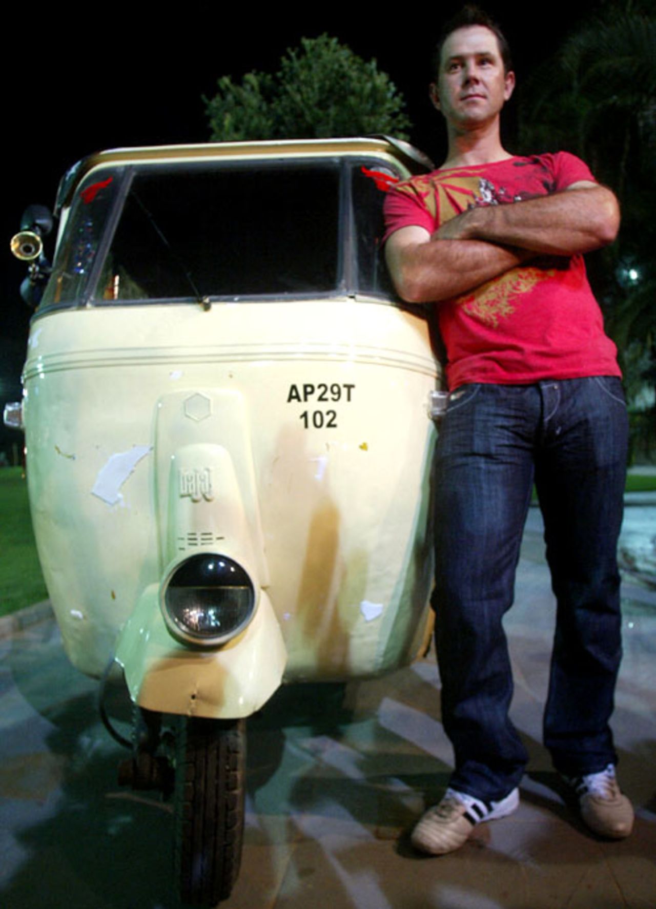 Ricky Ponting poses in front of an auto-rickshaw, Hyderabad, September 30, 2008