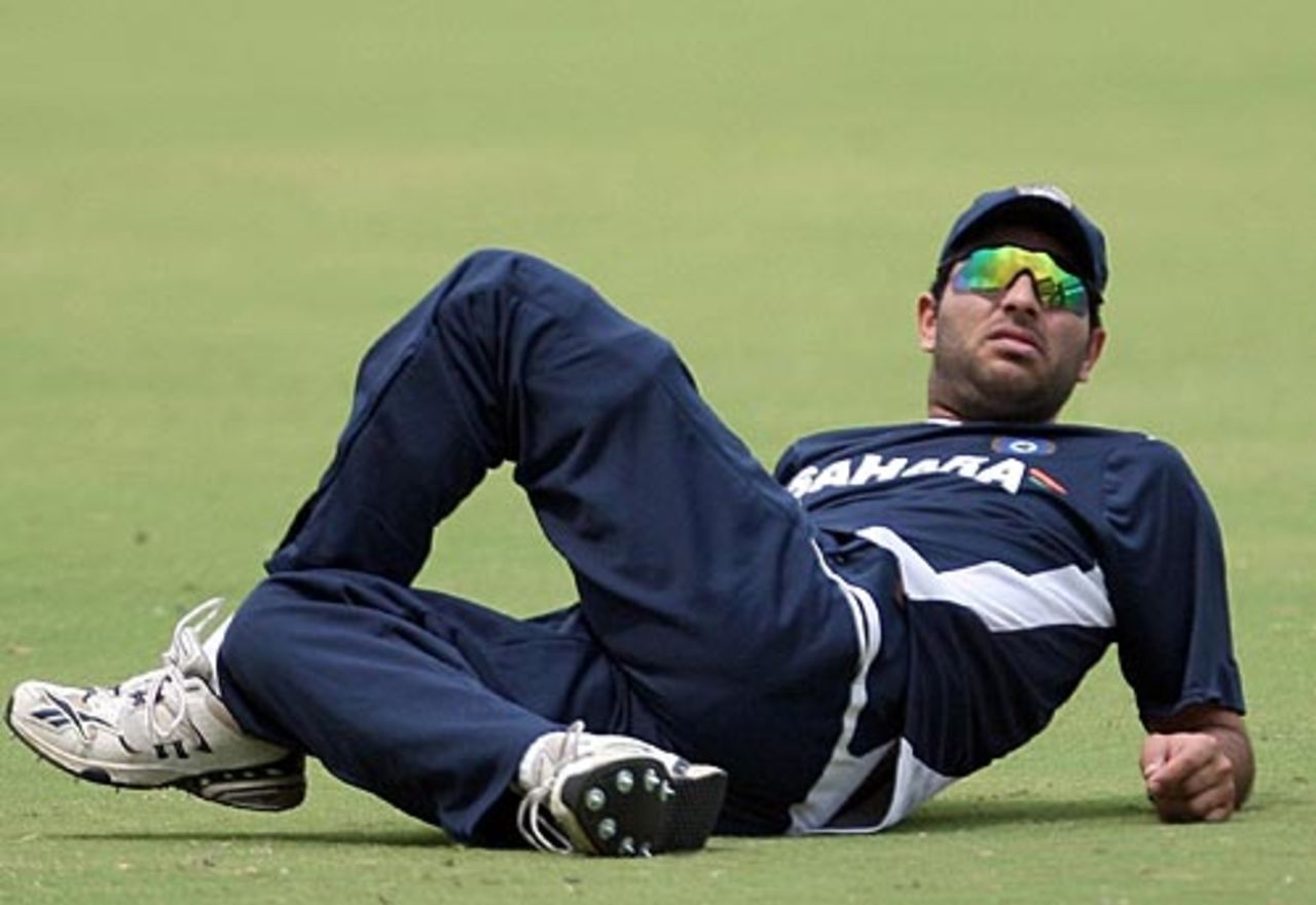 Yuvraj Singh stretches during a training session on the eve of the match against the Australians, Board President's XI v Australians, Hyderabad, October 1, 2008