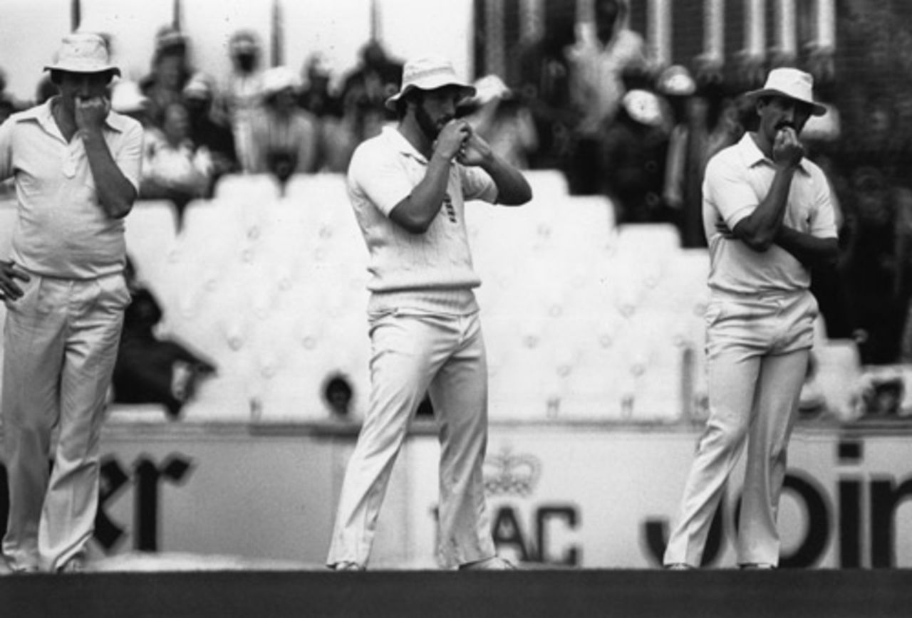 John Emburey, Ian Botham and Graham Gooch bite their nails, England v West Indies, 4th Test, The Oval, July 28, 1980