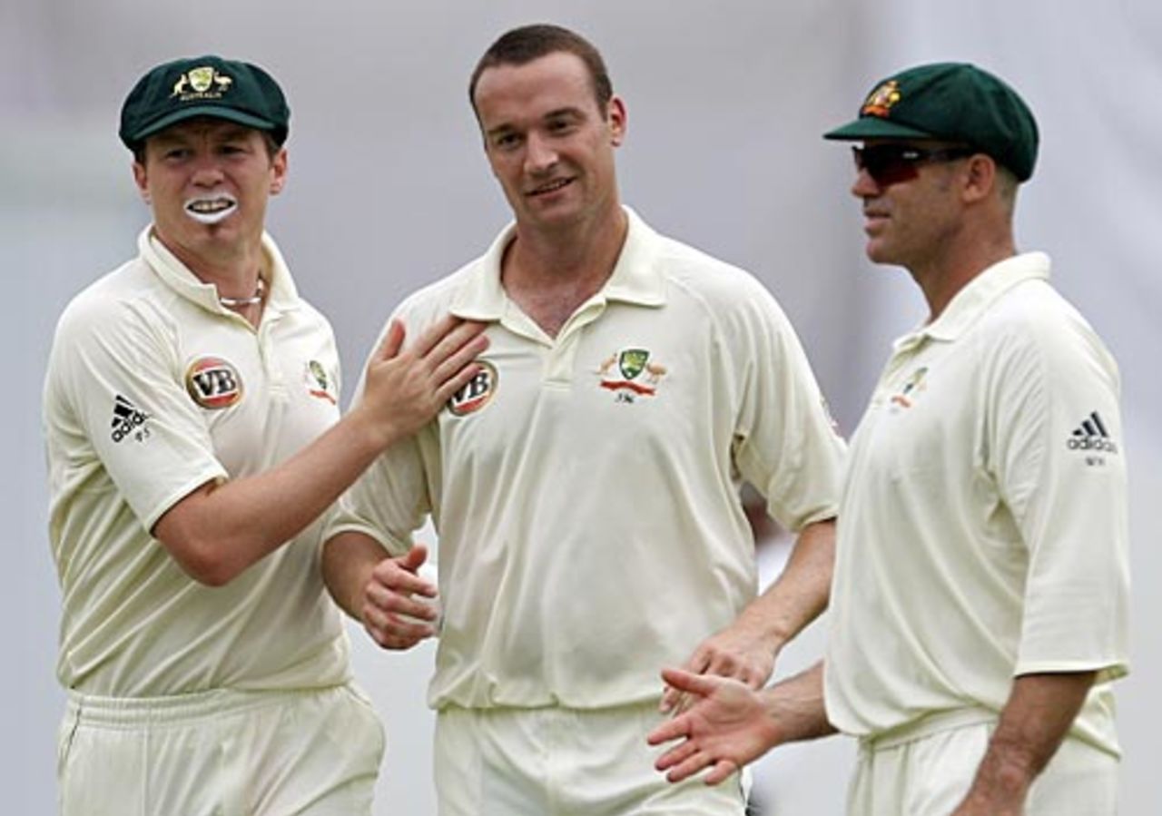 Stuart Clark is congratulated by team-mates after dismissing Wasim Jaffer, Indian Board President's XI v Australians, Hyderabad, 1st day, October 2, 2008