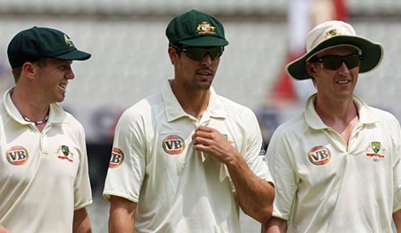 Australia's fast bowlers - Peter Siddle, Mitchell Johnson and Brett Lee, Board President's XI v Australians, Hyderabad, 2nd day, October 3, 2008