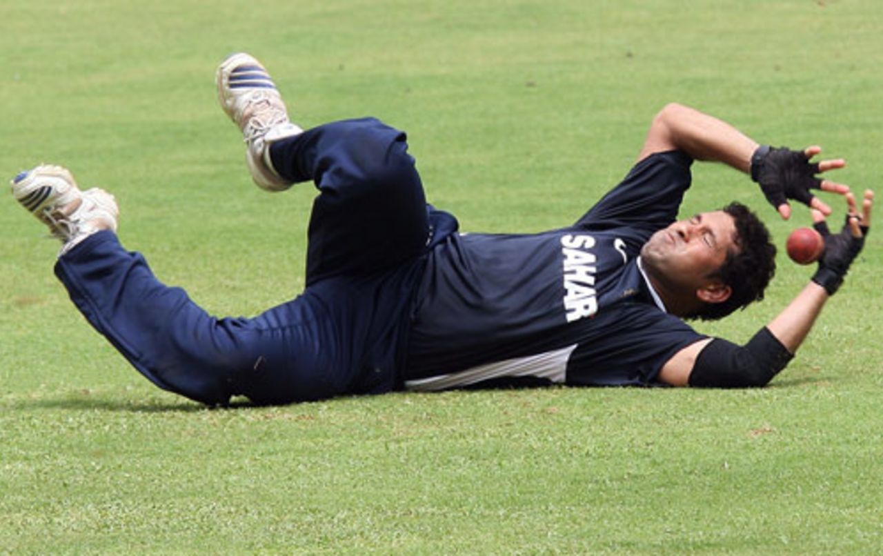 An awkward take for Sachin Tendulkar during a practice session ahead of the Australia Tests, Bangalore, October 3, 2008