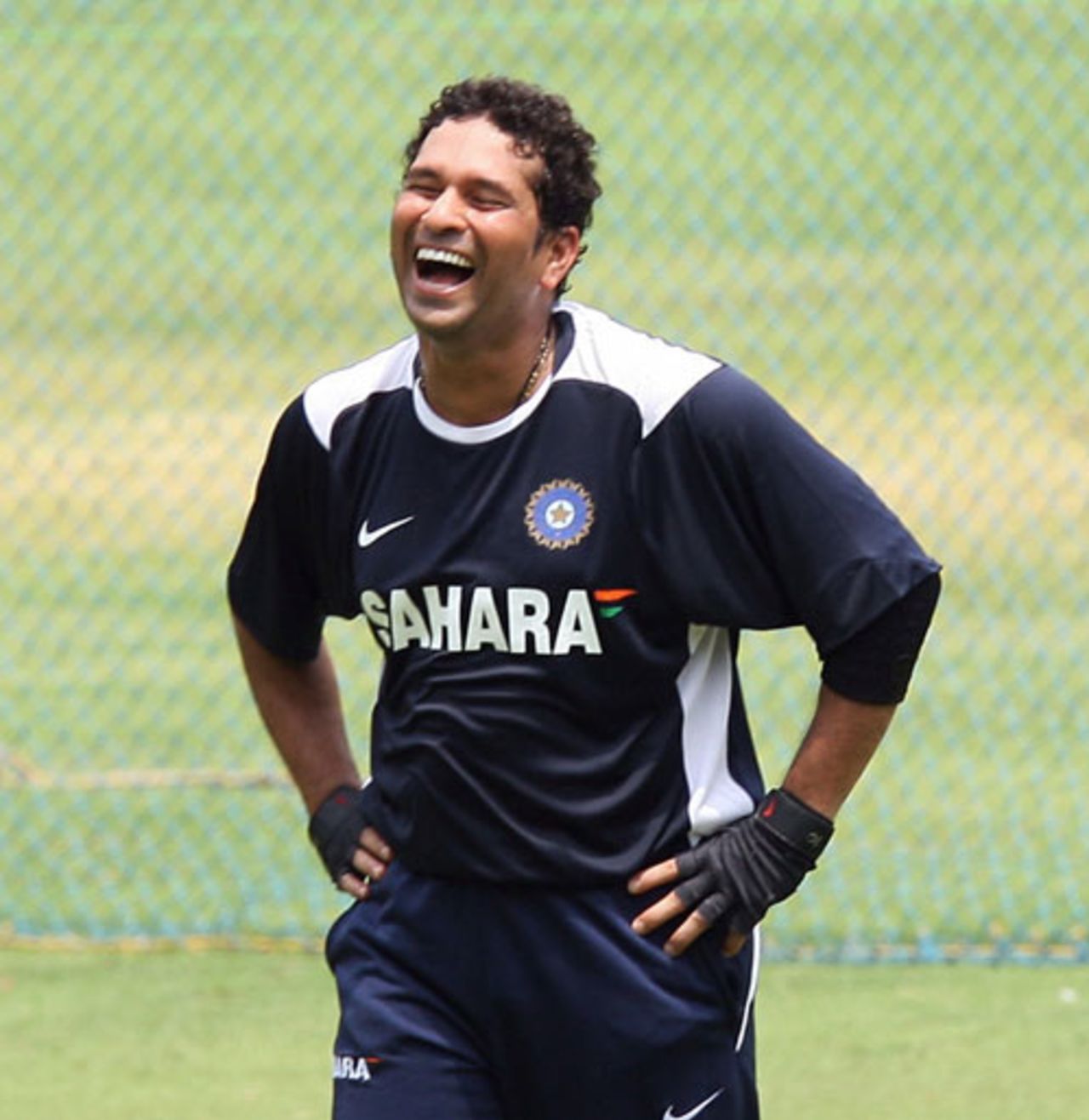 Sachin Tendulkar enjoys a lighter moment during a training session ahead of the Australia Tests, Bangalore, October 3, 2008