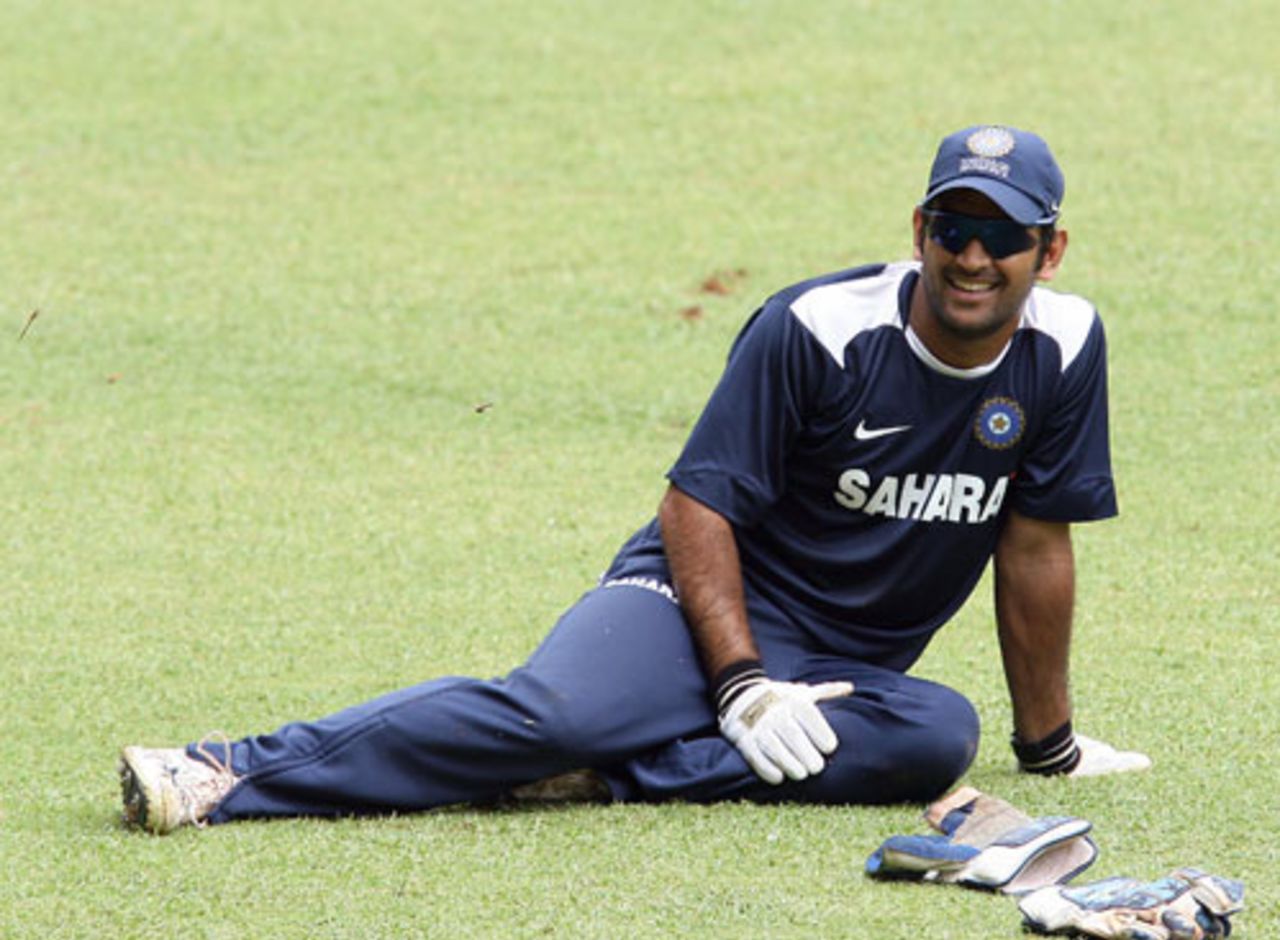 Mahendra Singh Dhoni relaxes after a practice session ahead of the Australia Tests, Bangalore, October 3, 2008