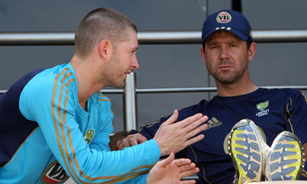 Michael Clarke chats with Ricky Ponting, Board President's XI v Australians, Hyderabad, 3rd day, October 4, 2008