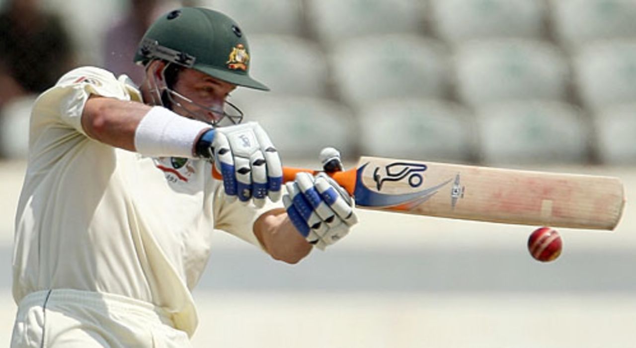 Michael Hussey plays a cut, Board President's XI v Australians, Hyderabad, 3rd day, October 4, 2008