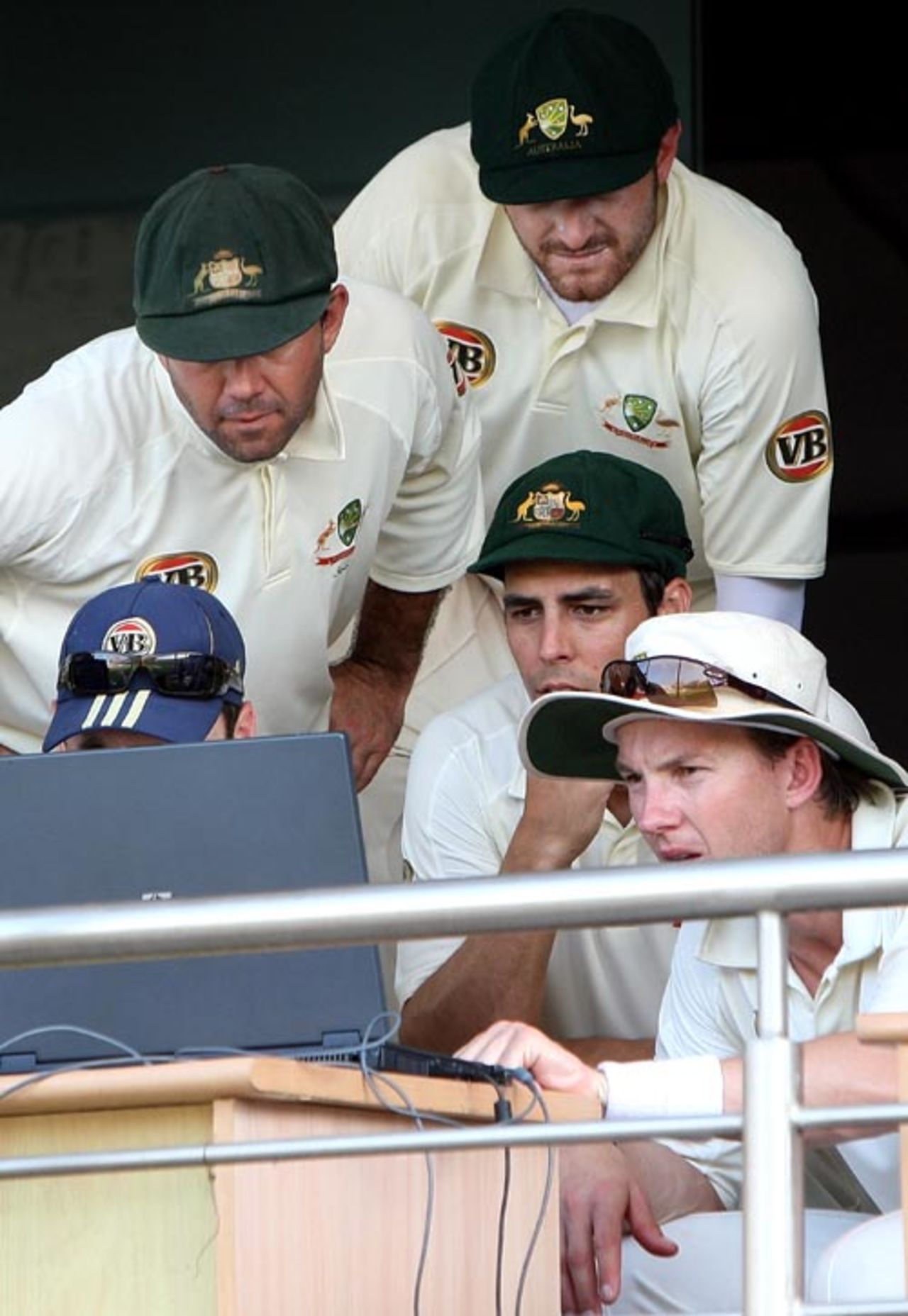 The Australians watch some footage after the day's play, Board President's XI v Australia, Hyderabad, 3rd day, October 4, 2008