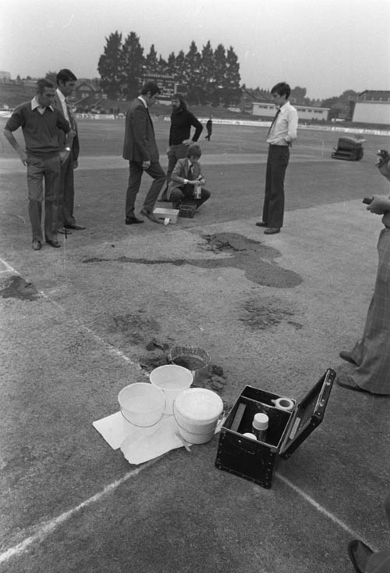 Groundsmen try to repair the damage done to the Headingley pitch, England v Australia, 3rd Test, Leeds, August 19, 1975