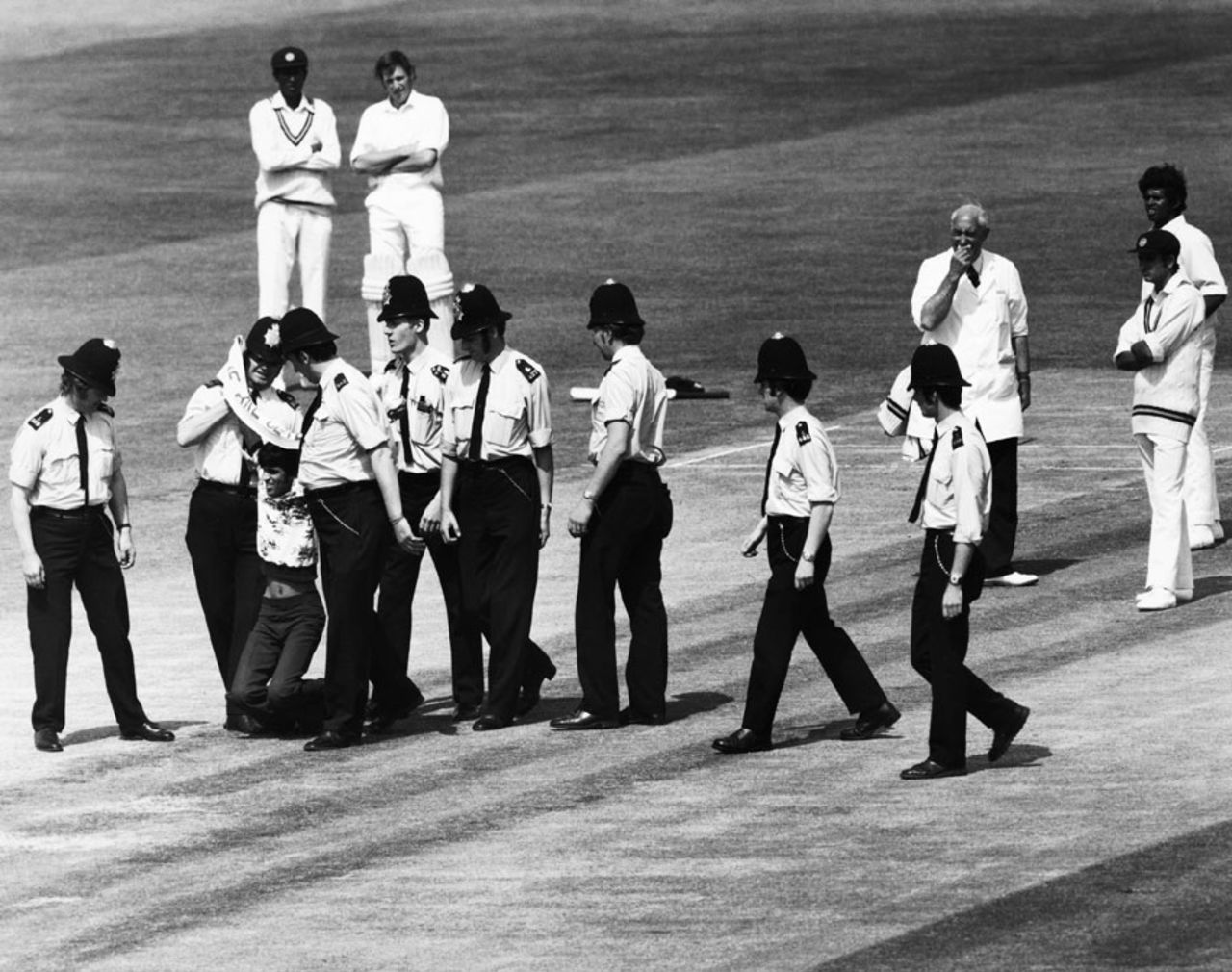 Police escort a group of demonstrators off the pitch, Australia v Sri Lanka, World Cup, The Oval, June 11, 1975